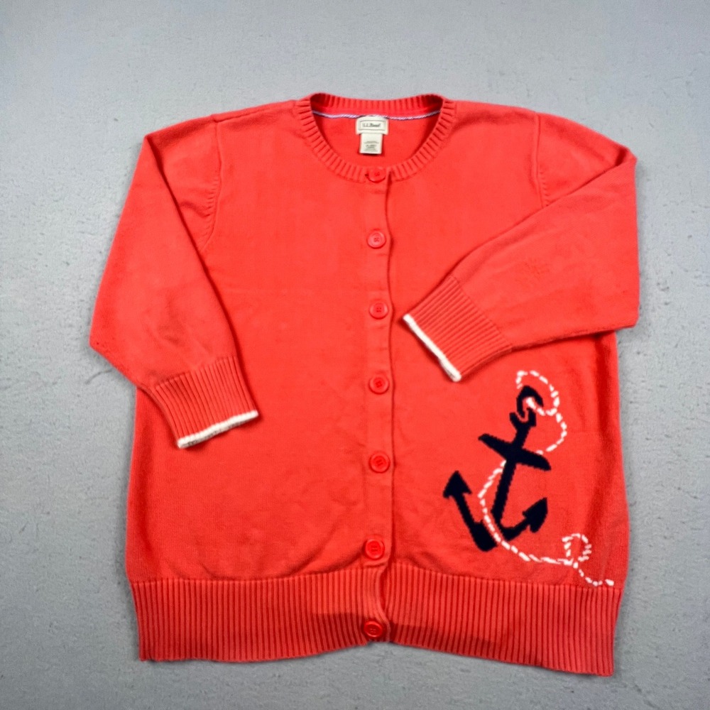 LL Bean Cardigan Sweater Womens XL Coral Orange Anchor Nautical Coastal Cotton